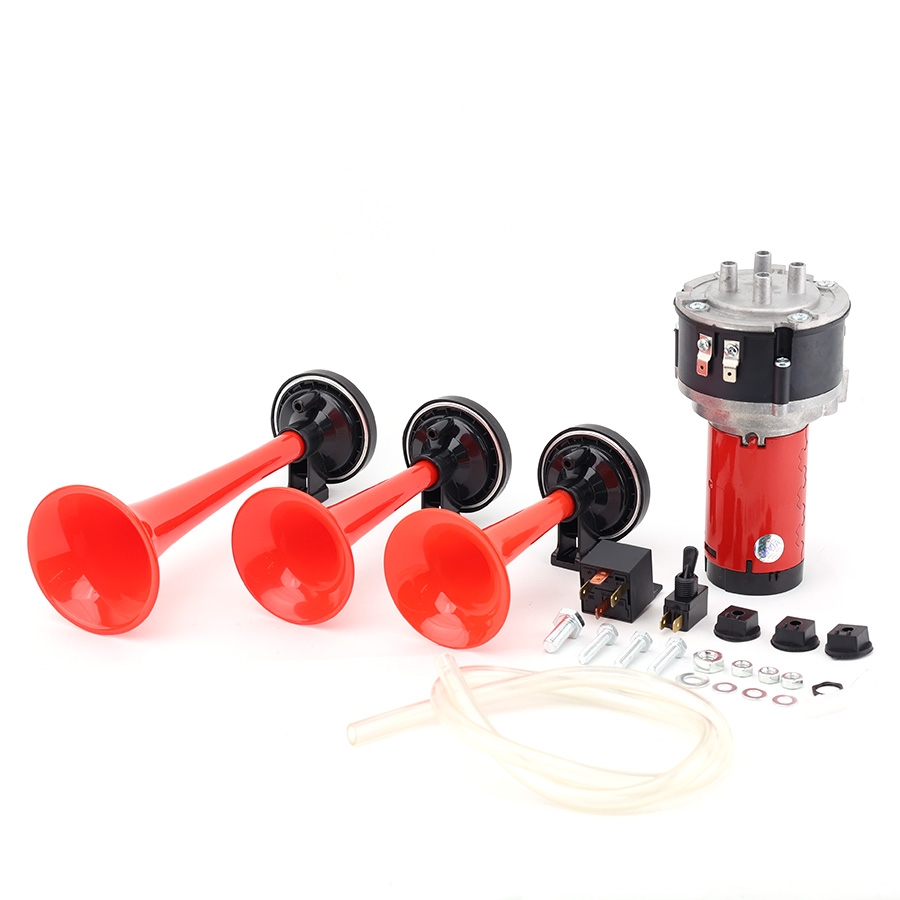 Kèn Sinh Hơi 3 Loa Đỏ 12V/24V Có Rờ Le (Kèm Mô Tơ Tạo Hơi E) VIAIR VI-A10 Còi Hơi Xe Tải, Ô Tô
