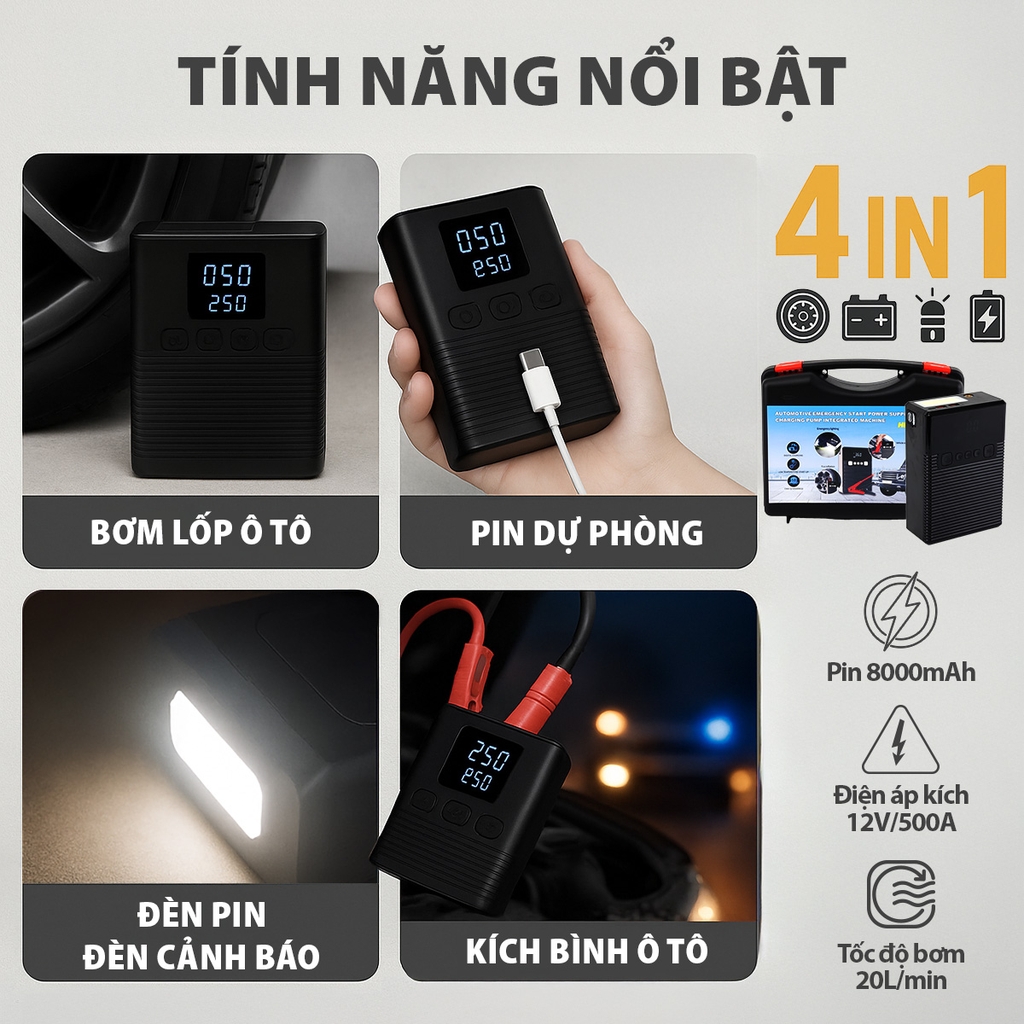Bộ Khởi Động Khẩn Cấp Ô Tô 4in1 Đa Năng (Kích Bình, Bơm Lốp, Đèn SOS, Sạc Dự Phòng) Màn Hình Kỹ Thuật Số X001 - Nhập Khẩu Chính Hãng
