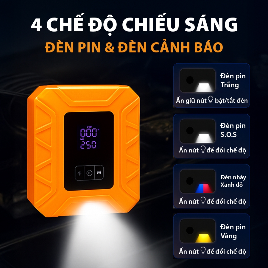 Bộ Khởi Động Khẩn Cấp Ô Tô 4in1 Đa Năng (Kích Bình, Bơm Lốp, Đèn LED, Sạc Dự Phòng) Màn Hình LCD Thông Minh X7 - Nhập Khẩu Chính Hãng