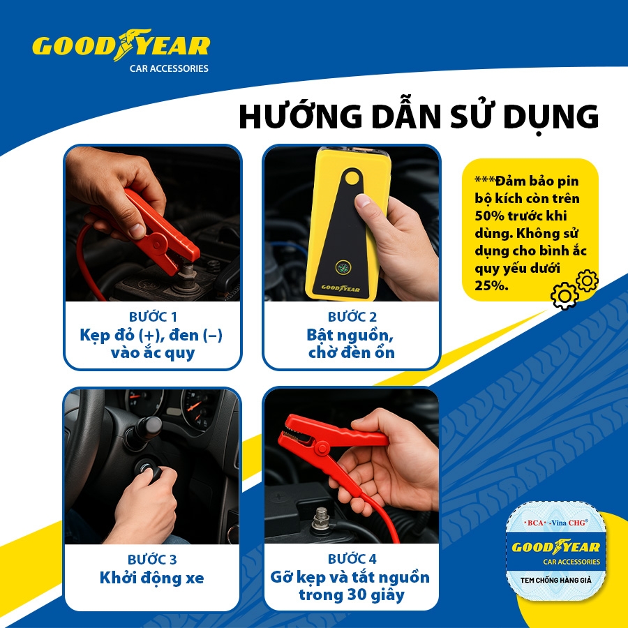 Bộ Kích Bình Cho Xe Hơi 400A GOODYEAR GY-2626 Đa Chức Năng Sạc Dự Phòng 6400mAh Tích Hợp La Bàn - Nhập Khẩu Chính Hãng