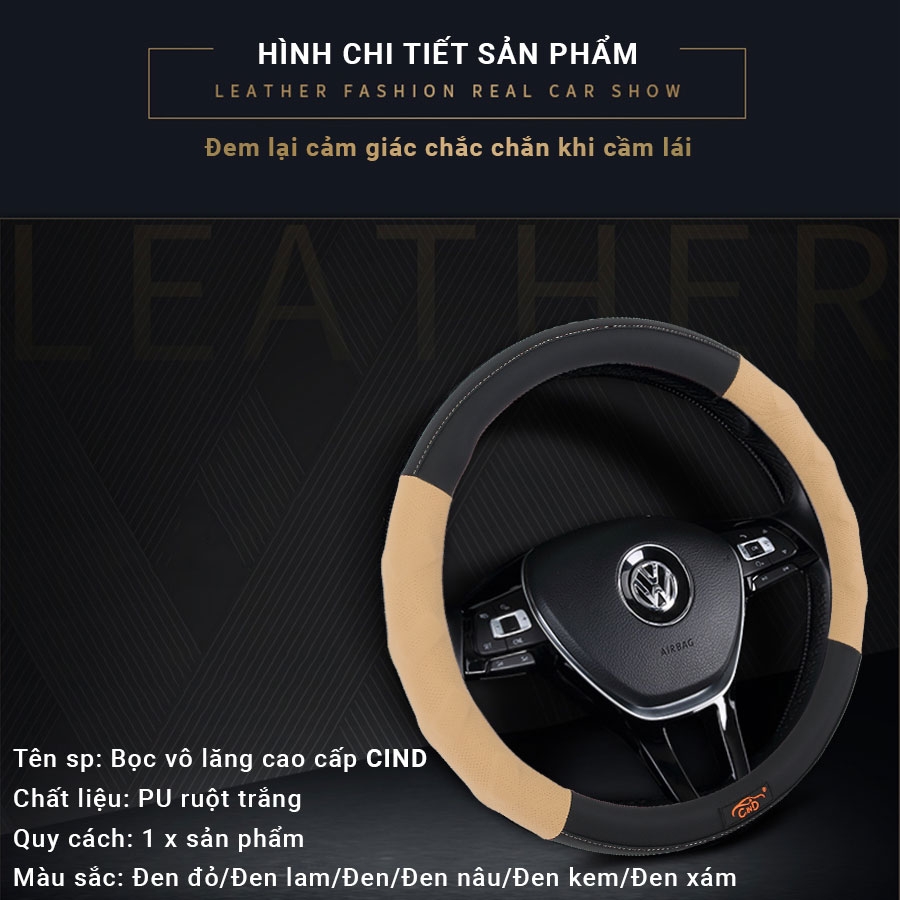Bọc Vô Lăng CIND S049 Size M Màu Đen Kem - Nhập Khẩu Chính Hãng