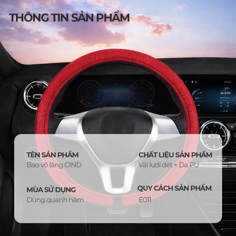 Bọc Vô Lăng CIND E011 Size M Màu Đen Đỏ Da PU Lõi TPE Chống Trượt Siêu Êm - Nhập Khẩu Chính Hãng