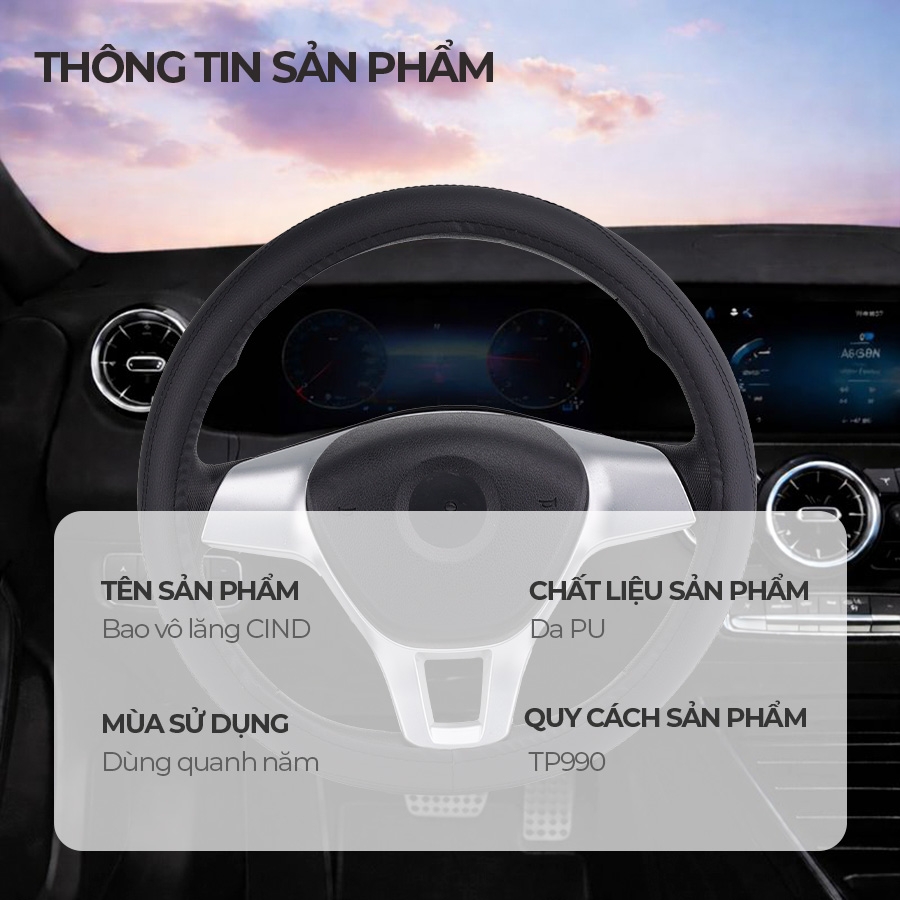 Bọc Vô Lăng CIND TP990 Size M Màu Đen Da PU Lõi TPE Chống Trượt Siêu Êm - Nhập Khẩu Chính Hãng
