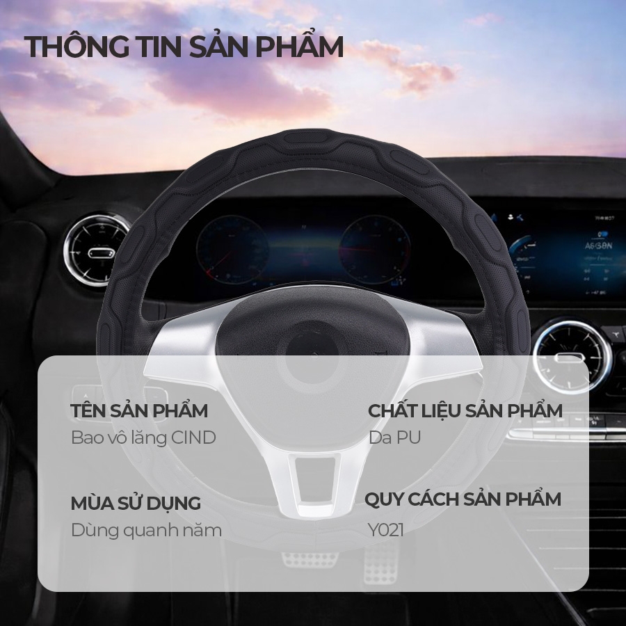 Bọc Vô Lăng CIND Y021 Size M Màu Đen Da PU Lõi TPE Chống Trượt Siêu Êm - Nhập Khẩu Chính Hãng