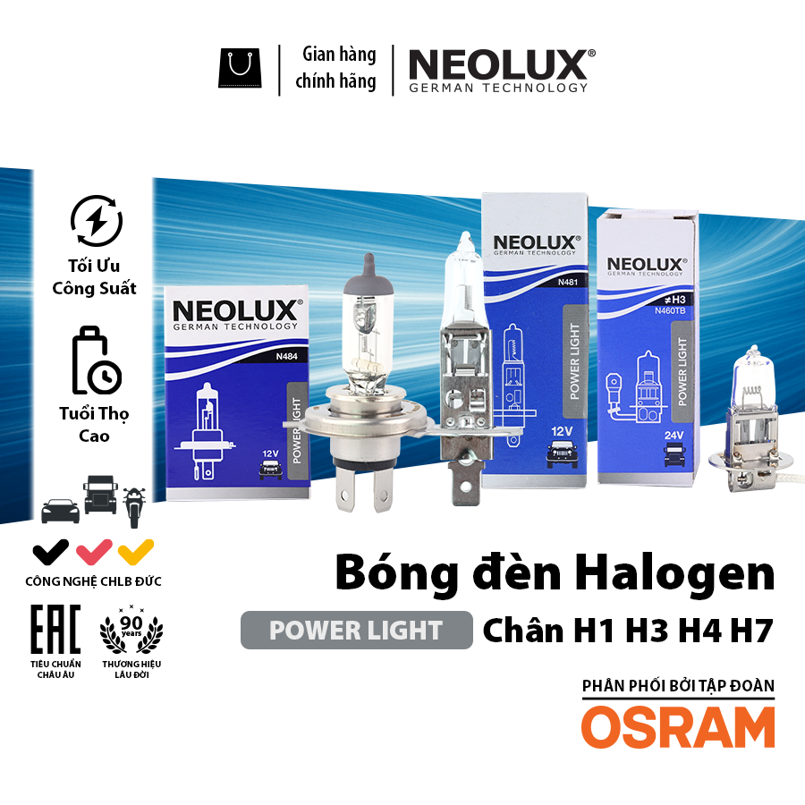 Bóng Đèn Halogen Power Light OSRAM NEOLUX Dùng Cho Xe Ô Tô Xe Máy Chân H1 H3 H4 H7