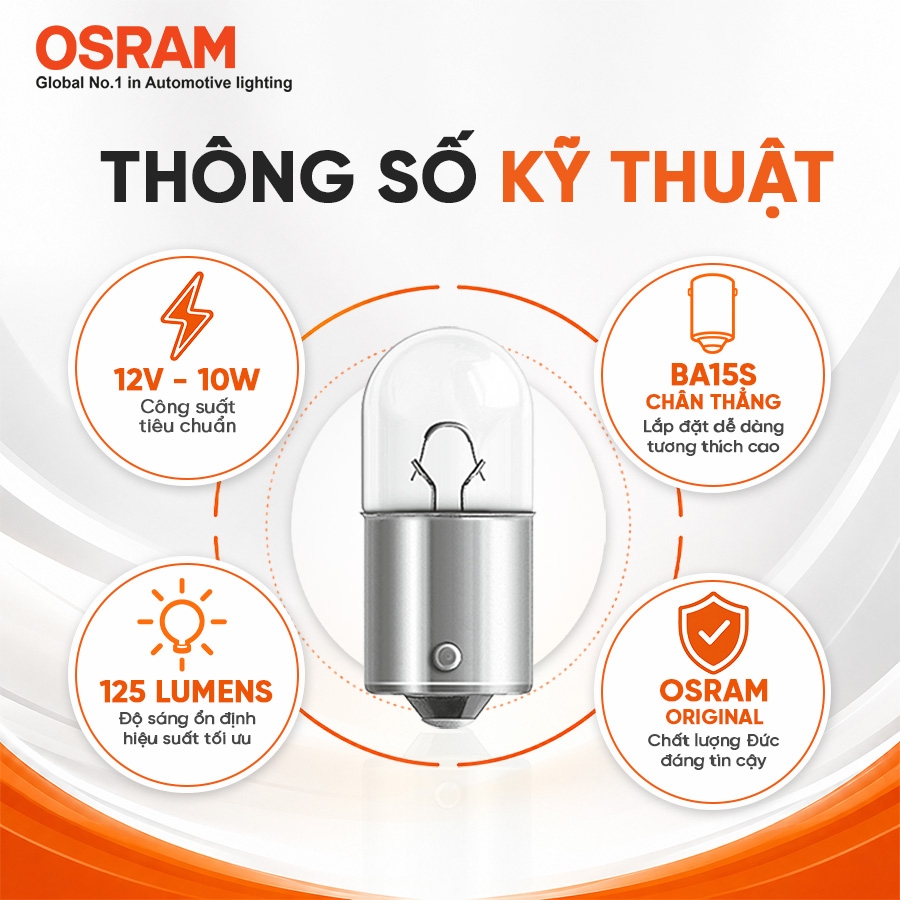 Combo 10 Bóng Đèn Ô Tô Tín Hiệu Xi Nhan 1 Tim Halogen OSRAM Original Dùng Cho Nhiều Dòng Xe Hơi Chân R10W 5008 12V 10W (Chân Thẳng)