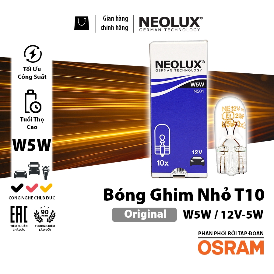 Combo 10 Bóng Đèn Chân Ghim T10 T15 T20 OSRAM NEOLUX Lắp Đèn Demi, Bóng Soi Biển Số Xe Ô Tô Xe Máy - Nhập Khẩu Chính Hãng