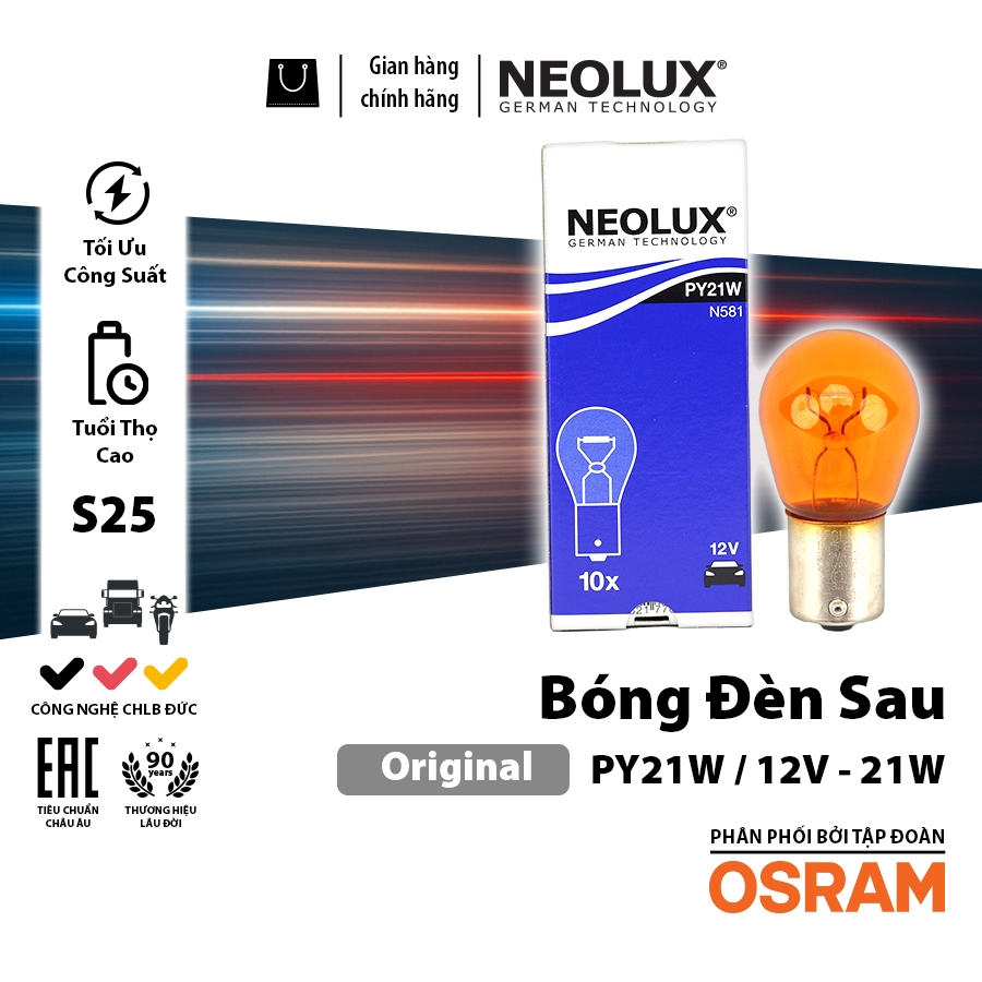 Combo 10 Bóng Đèn Sau Chân Cài S25 OSRAM NEOLUX Lắp Đèn Hậu, Đèn Phanh, Xi Nhan, Đèn Lùi Xe Ô Tô Xe Máy - Nhập Khẩu Chính Hãng