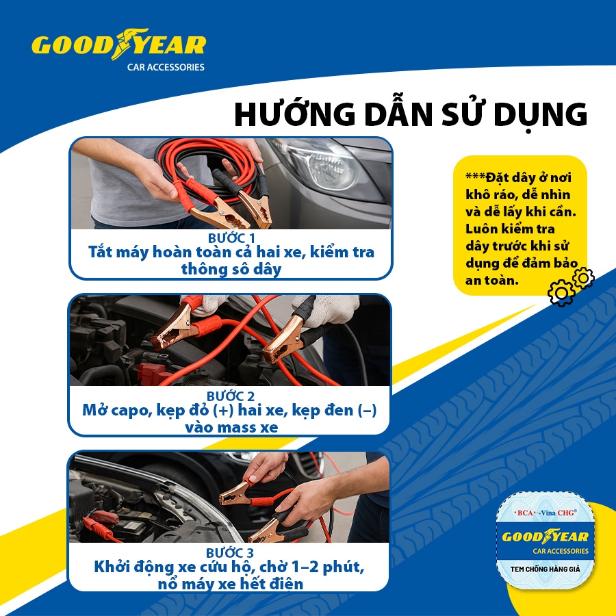 Dây Câu Bình Ắc Quy Lõi Đồng 400A Dài 3m GOODYEAR GY-5357 Kích Điện Cứu Hộ Ô tô