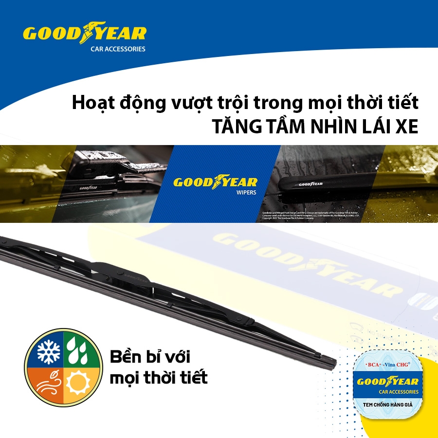 Gạt Mưa Gọng Sắt GOODYEAR Phù Hợp Nhiều Dòng Xe Thông Dụng - Nhập Khẩu Chính Hãng