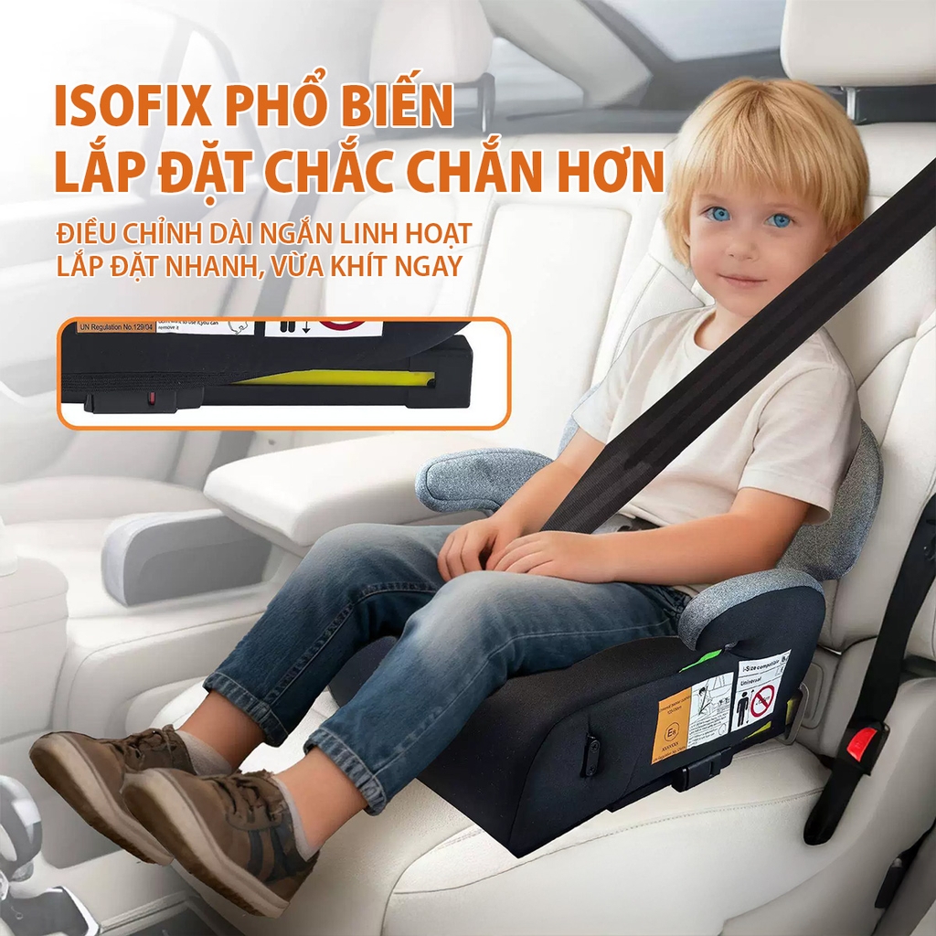 Ghế Nâng Ô Tô Trẻ Em ET-002A Booster Seat 125–150cm Màu Đen Tựa Lưng Có ISOFIX i-Size Có Khay Đựng Cốc Tiện Lợi  – Nhập Khẩu Chính Hãng