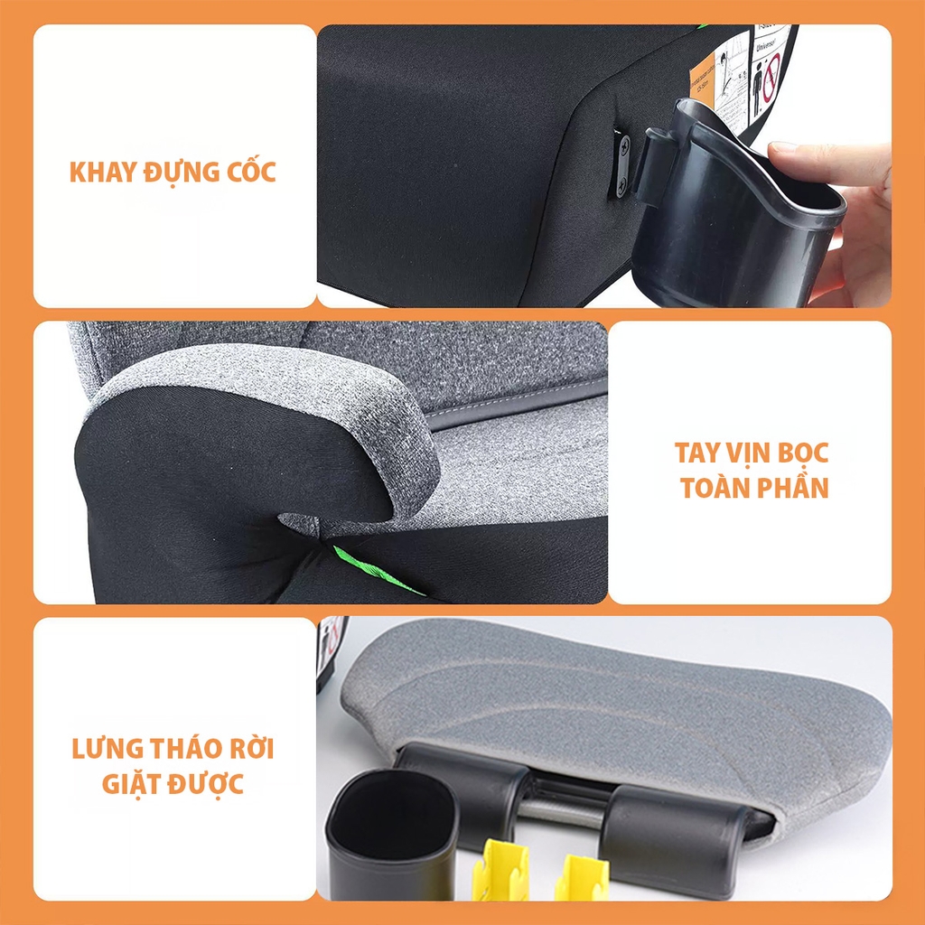 Ghế Nâng Ô Tô Trẻ Em ET-002A Booster Seat 125–150cm Màu Đen Tựa Lưng Có ISOFIX i-Size Có Khay Đựng Cốc Tiện Lợi  – Nhập Khẩu Chính Hãng