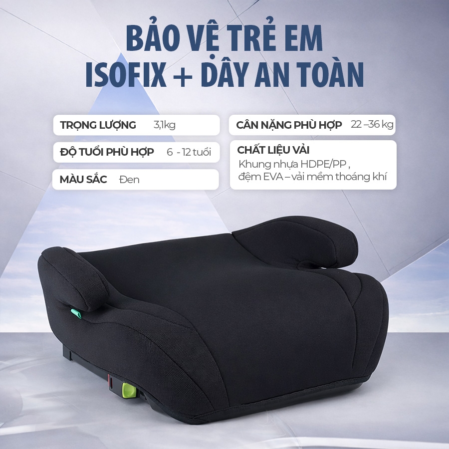 Ghế Nâng Ô Tô Trẻ Em ET-001D Booster Seat 125–150cm Màu Đen Không Tựa Lưng Có ISOFIX i-Size  – Nhập Khẩu Chính Hãng