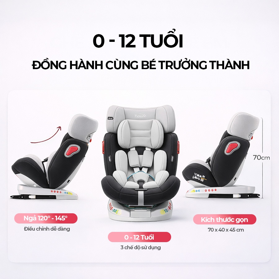 Ghế An Toàn Cho Trẻ Em QM-360A ISOFIX + Xoay 360° Thông Minh + Khoá An Toàn 5 Điểm Phiên Bản Hiện Đại Màu Xám Sang Trọng - Nhập Khẩu Chính Hãng