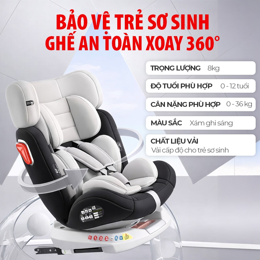 Ghế An Toàn Cho Trẻ Em QM-360A ISOFIX + Xoay 360° Thông Minh + Khoá An Toàn 5 Điểm Phiên Bản Hiện Đại Màu Xám Sang Trọng - Nhập Khẩu Chính Hãng
