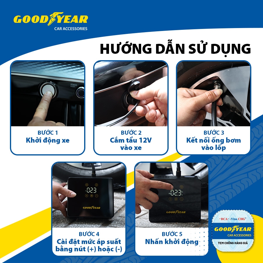 Máy Bơm Lốp Xe GOODYEAR GY-5218 Cảm Ứng Đa Điểm Tự Ngắt Thông Minh - Nhập Khẩu Chính Hãng