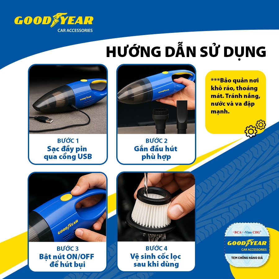 Máy Hút Bụi Cầm Tay Chuyên Dụng GOODYEAR GY-2638 Mini Lực Hút Mạnh Mẽ