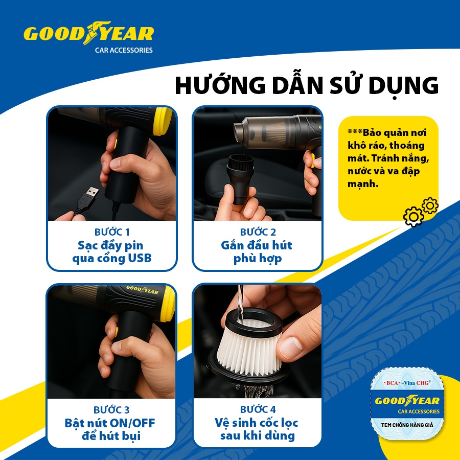 Máy Hút Kiêm Thổi Bụi Cầm Tay GOODYEAR GY-2651 Siêu Mini Sạc Điện Thông Minh