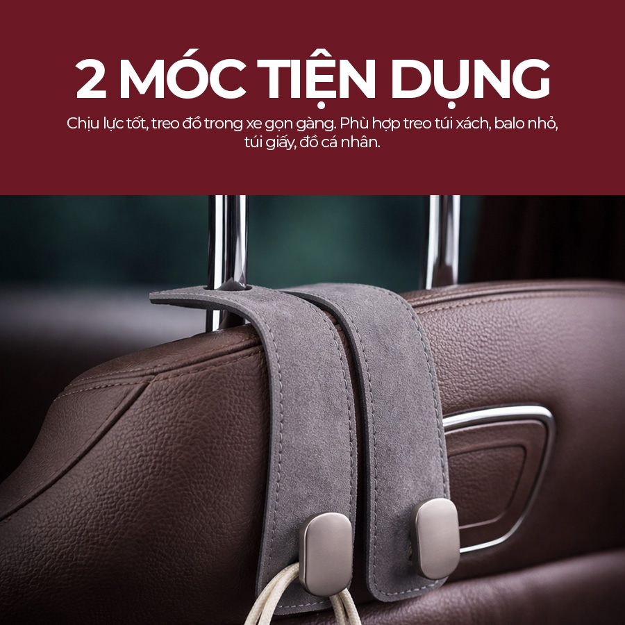 Móc Treo Kép Đa Năng Trên Ô Tô CIND BO-N021 Bằng Kim Loại Bọc Da Lộn Màu Xám Sang Trọng Cho Nội Thất Xe - Nhập Khẩu Chính Hãng