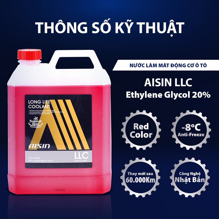 Nước Làm Mát Động Cơ Màu Đỏ AISIN Long Life Coolant 20% 4 Lít LCPM20A4LR - Nhập Khẩu Chính Hãng