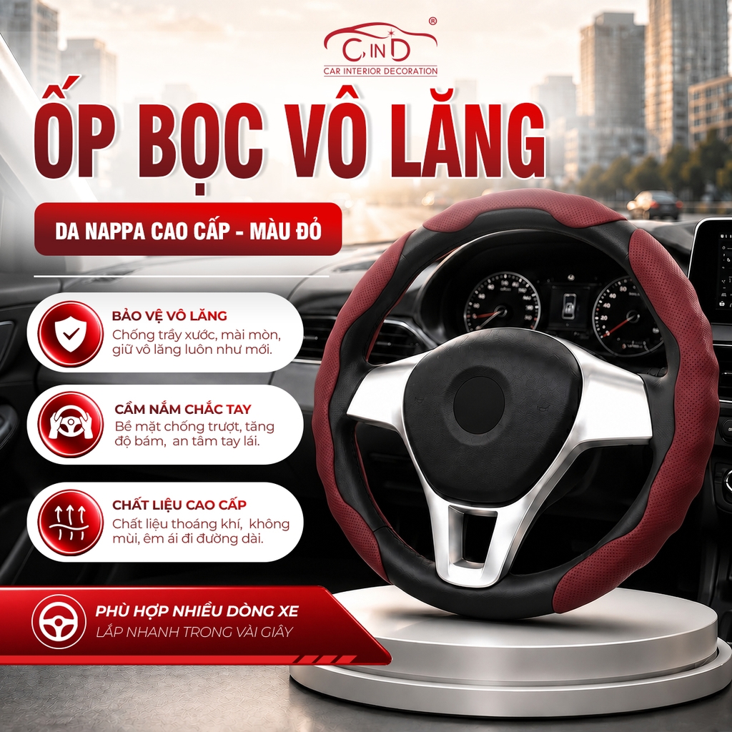 Ốp Bọc Vô Lăng CIND Da Nappa Cao Cấp Mỏng Nhẹ Chống Trượt Phù Hợp Nhiều Dòng Xe