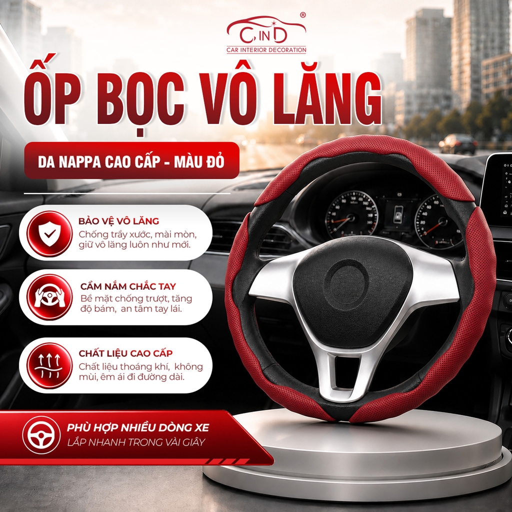 Miếng Ốp Bọc Vô Lăng Ô Tô CIND Da Nappa (Phiên Bản Nâng Cấp) Mềm Mại Êm Ái Mỏng Nhẹ Chống Trượt Phù Hợp Nhiều Dòng Xe