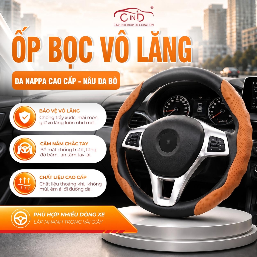 Ốp Bọc Vô Lăng CIND Da Nappa Cao Cấp Mỏng Nhẹ Chống Trượt Phù Hợp Nhiều Dòng Xe