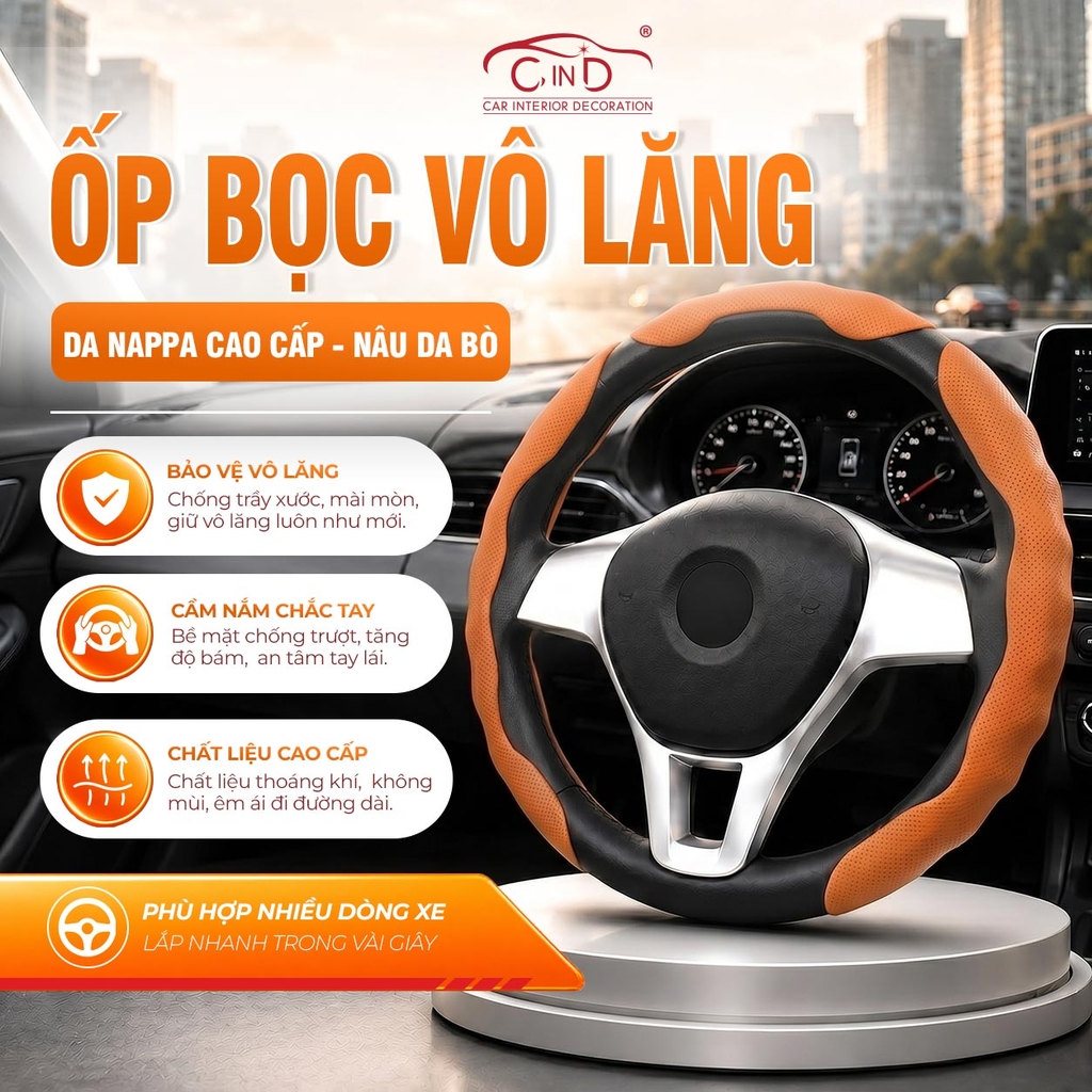 Ốp Bọc Vô Lăng CIND Da Nappa Cao Cấp Mỏng Nhẹ Chống Trượt Phù Hợp Nhiều Dòng Xe