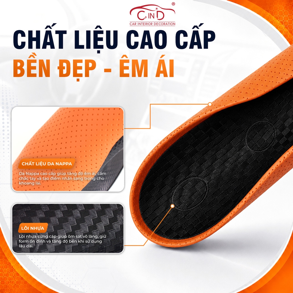 Miếng Ốp Bọc Vô Lăng Ô Tô CIND Da Nappa (Phiên Bản Nâng Cấp) Mềm Mại Êm Ái Mỏng Nhẹ Chống Trượt Phù Hợp Nhiều Dòng Xe