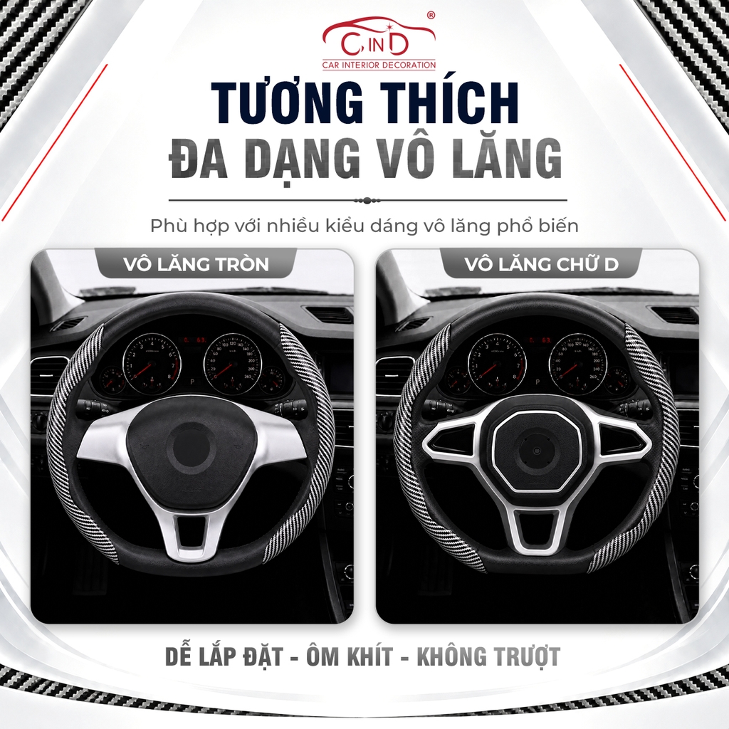 Ốp Bọc Vô Lăng CIND Carbon Bóng Thể Thao Mỏng Nhẹ Chống Trượt Phù Hợp Nhiều Dòng Xe