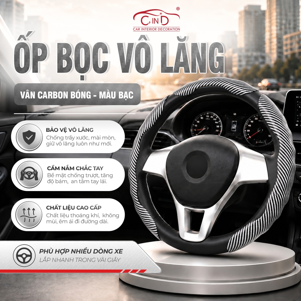 Ốp Bọc Vô Lăng CIND Carbon Bóng Thể Thao Mỏng Nhẹ Chống Trượt Phù Hợp Nhiều Dòng Xe