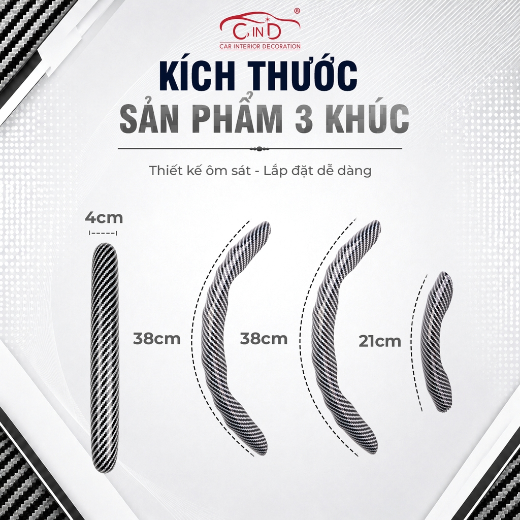 Ốp Bọc Vô Lăng CIND Carbon Bóng Thể Thao Mỏng Nhẹ Chống Trượt Phù Hợp Nhiều Dòng Xe