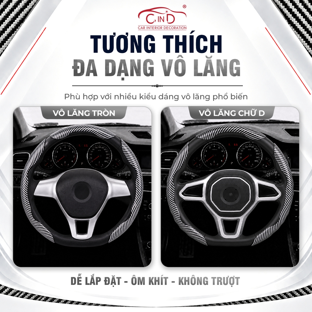 Ốp Bọc Vô Lăng CIND Carbon Bóng Thể Thao Mỏng Nhẹ Chống Trượt Phù Hợp Nhiều Dòng Xe