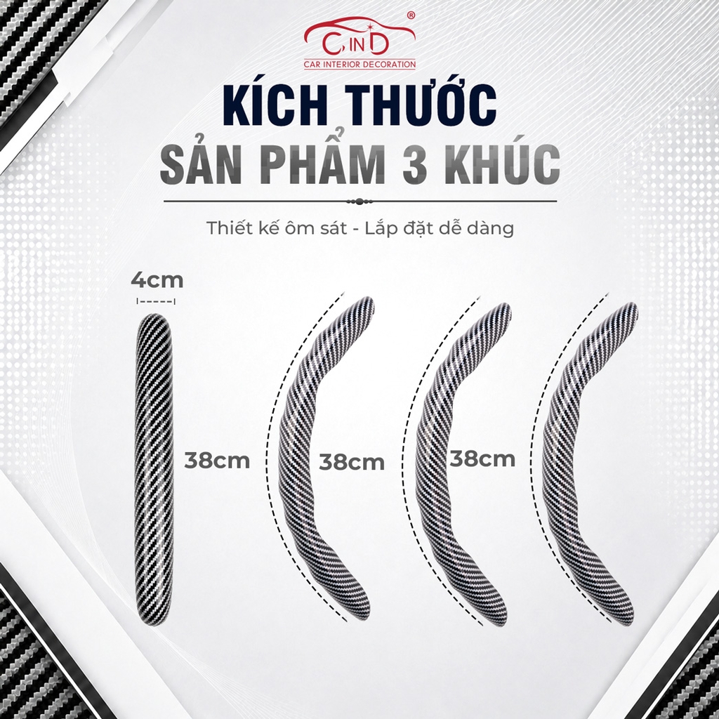 Miếng Ốp Bọc Vô Lăng Ô Tô CIND Carbon Bóng (Phiên Bản Nâng Cấp) Gợn Sóng Mỏng Nhẹ Chống Trơn Trượt Phù Hợp Nhiều Dòng Xe