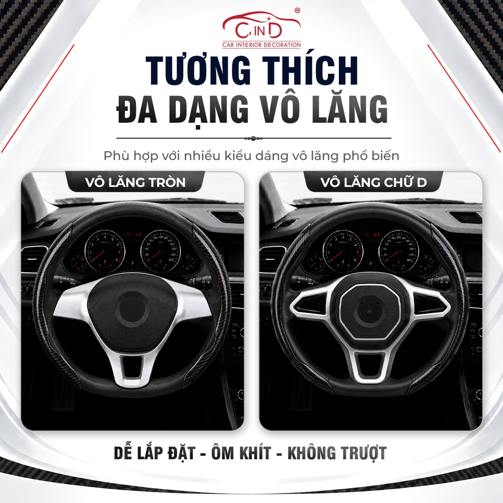Ốp Bọc Vô Lăng CIND Carbon Bóng Thể Thao Mỏng Nhẹ Chống Trượt Phù Hợp Nhiều Dòng Xe