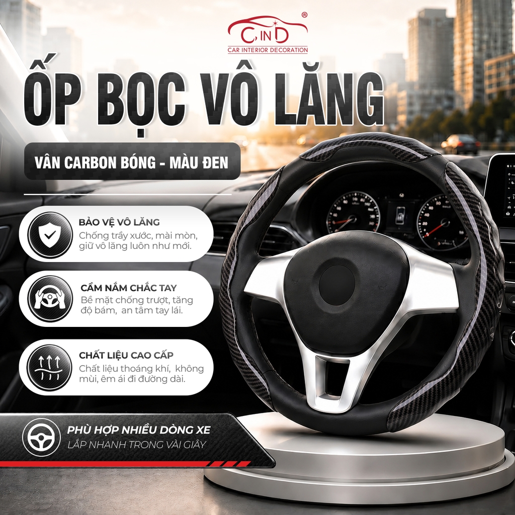 Ốp Bọc Vô Lăng CIND Carbon Bóng Thể Thao Mỏng Nhẹ Chống Trượt Phù Hợp Nhiều Dòng Xe