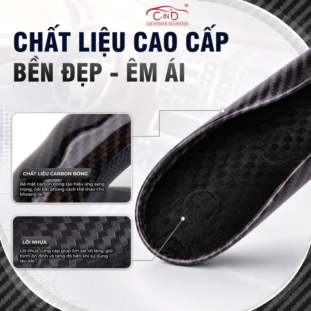 Ốp Bọc Vô Lăng CIND Carbon Bóng Thể Thao Mỏng Nhẹ Chống Trượt Phù Hợp Nhiều Dòng Xe
