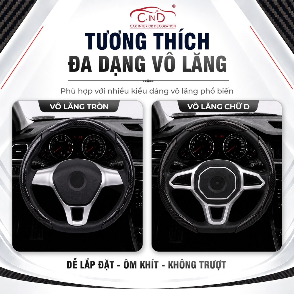 Ốp Bọc Vô Lăng CIND Carbon Bóng Thể Thao Mỏng Nhẹ Chống Trượt Phù Hợp Nhiều Dòng Xe