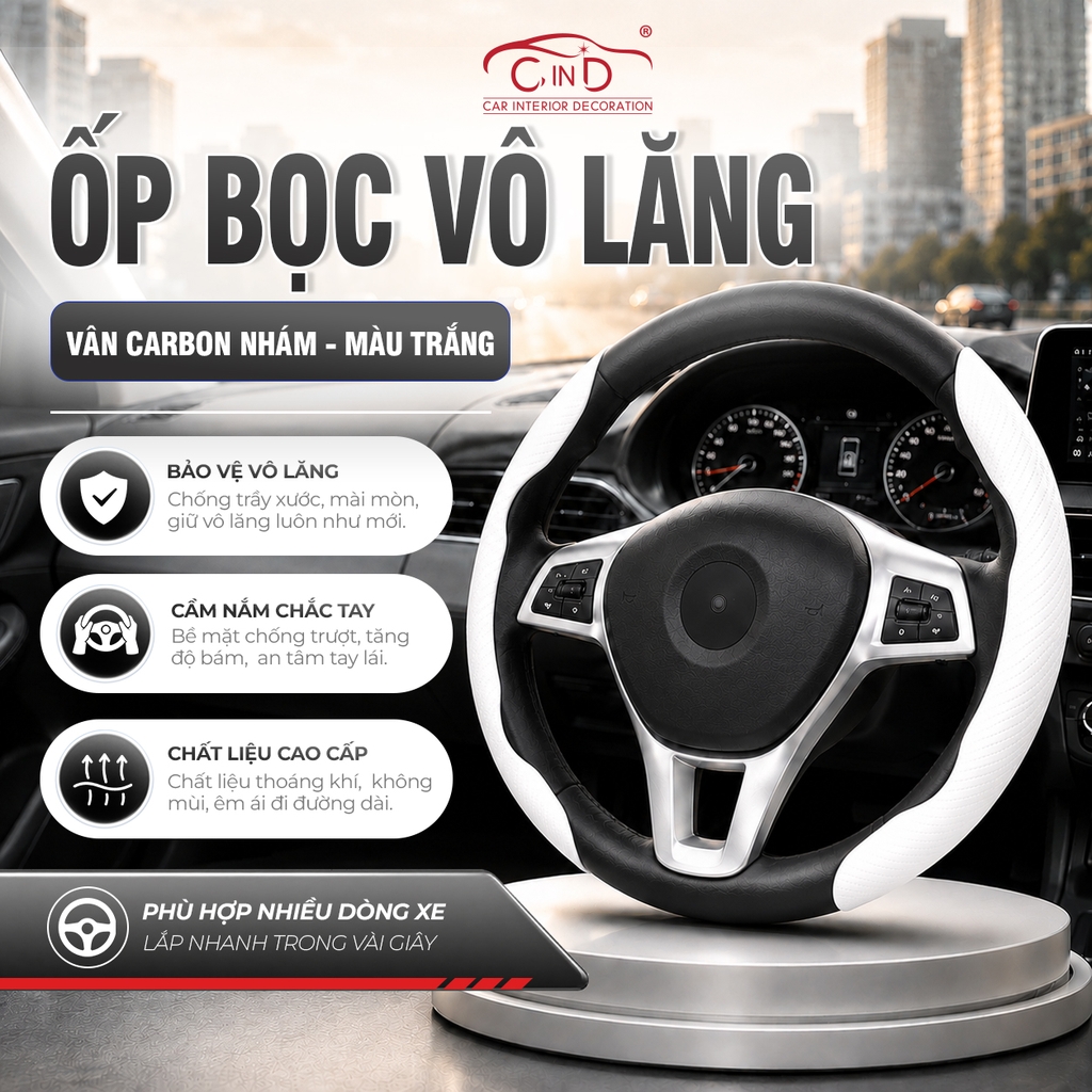 Ốp Bọc Vô Lăng CIND Carbon Nhám Thể Thao Mỏng Nhẹ Chống Trượt Phù Hợp Nhiều Dòng Xe