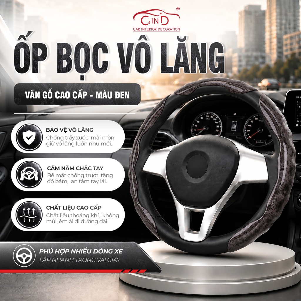 Ốp Bọc Vô Lăng CIND Vân Gỗ Đào Sang Trọng Mỏng Nhẹ Chống Trượt Phù Hợp Nhiều Dòng Xe