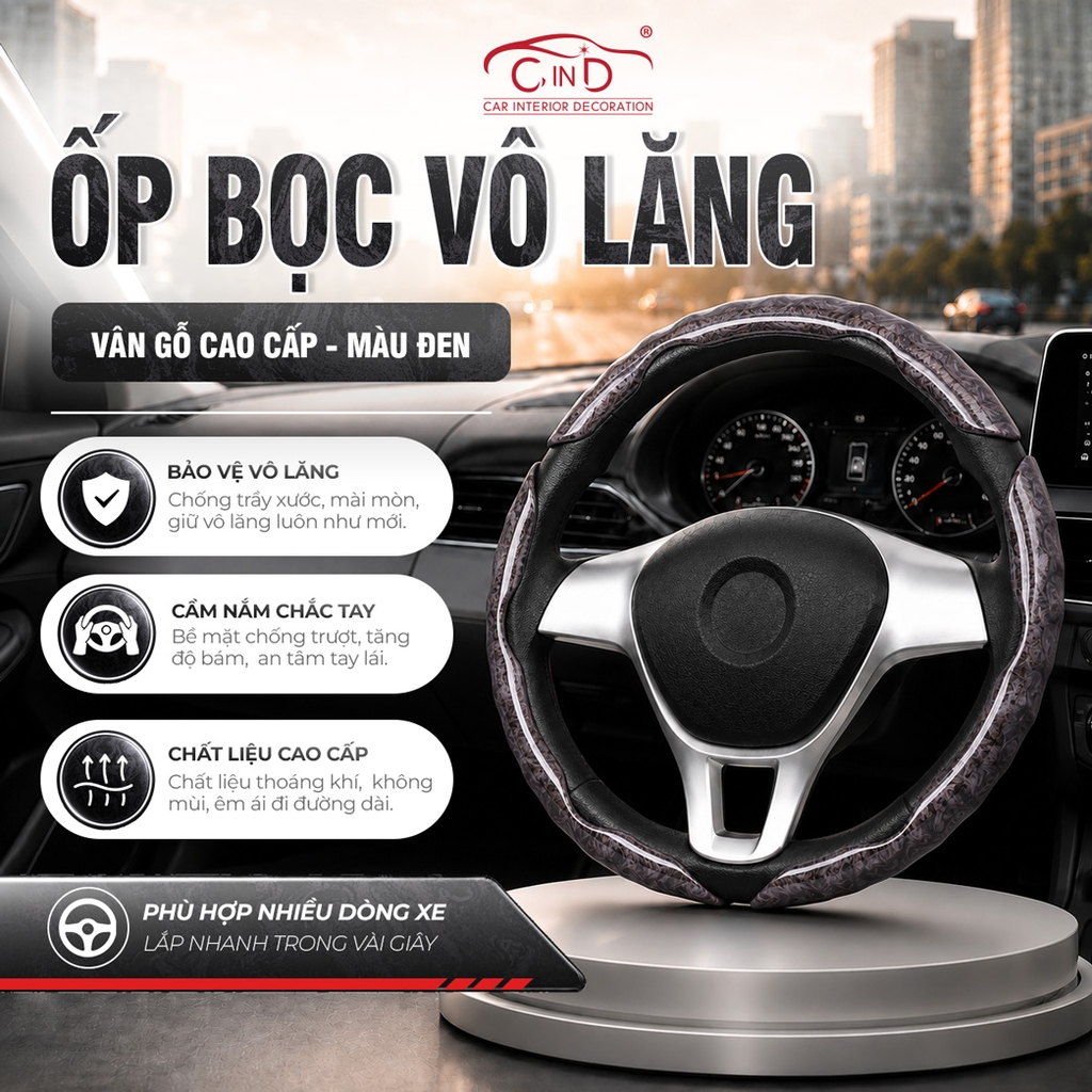 Ốp Bọc Vô Lăng CIND Vân Gỗ Đào (Phiên Bản Nâng Cấp) Sang Trọng Đẳng Cấp Mỏng Nhẹ Chống Trượt Phù Hợp Nhiều Dòng Xe