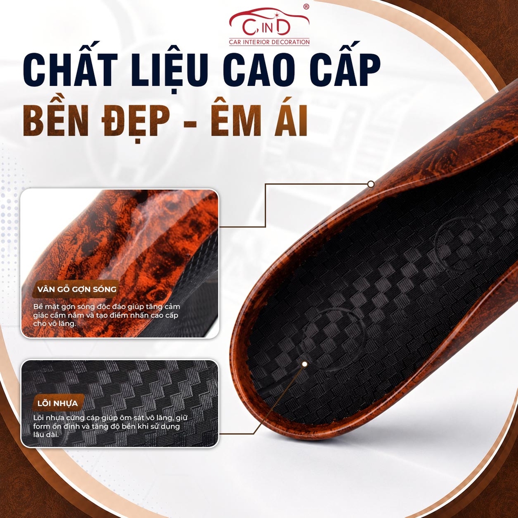 Ốp Bọc Vô Lăng CIND Vân Gỗ Đào Sang Trọng Mỏng Nhẹ Chống Trượt Phù Hợp Nhiều Dòng Xe
