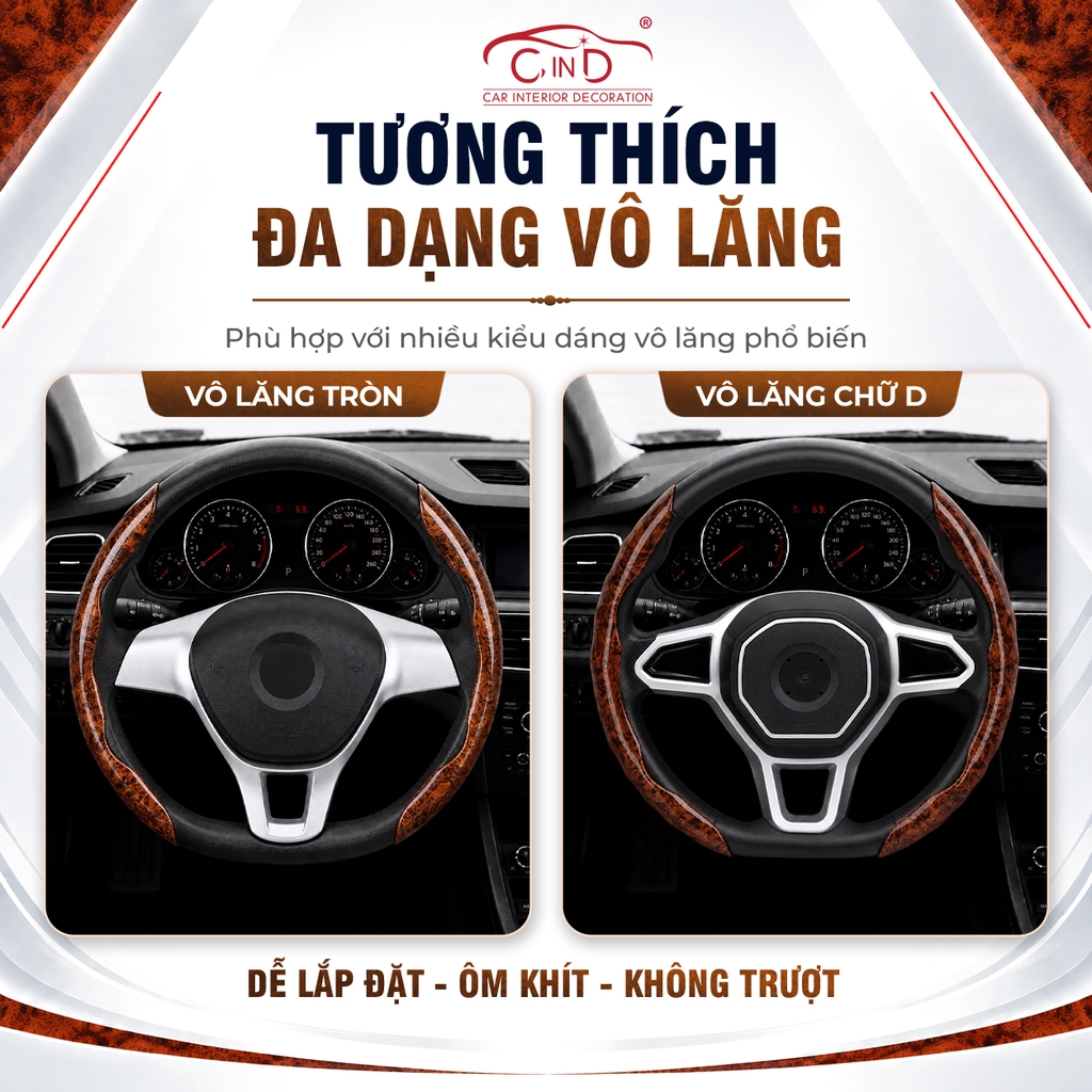 Ốp Bọc Vô Lăng CIND Vân Gỗ Đào Sang Trọng Mỏng Nhẹ Chống Trượt Phù Hợp Nhiều Dòng Xe
