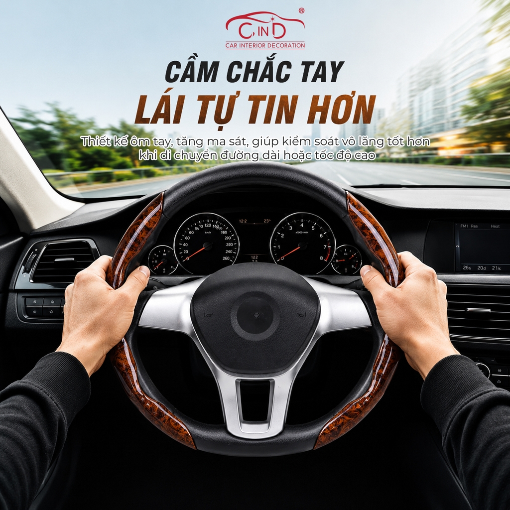 Ốp Bọc Vô Lăng CIND Vân Gỗ Đào Sang Trọng Mỏng Nhẹ Chống Trượt Phù Hợp Nhiều Dòng Xe