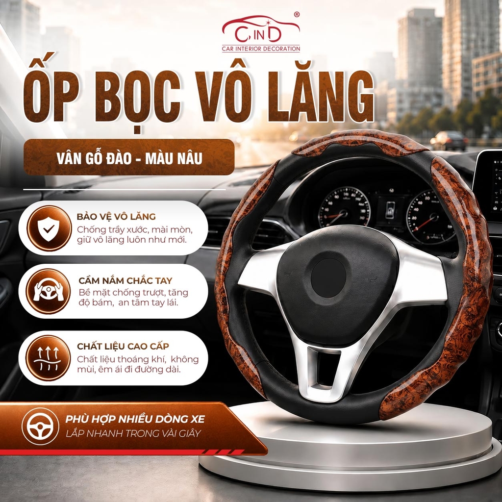 Ốp Bọc Vô Lăng CIND Vân Gỗ Đào Sang Trọng Mỏng Nhẹ Chống Trượt Phù Hợp Nhiều Dòng Xe
