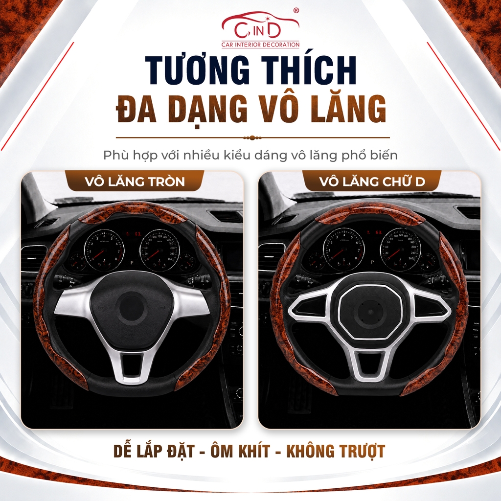 Ốp Bọc Vô Lăng CIND Vân Gỗ Đào Sang Trọng Mỏng Nhẹ Chống Trượt Phù Hợp Nhiều Dòng Xe