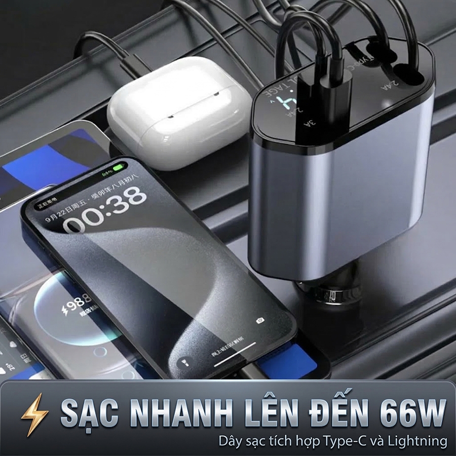 Tẩu Sạc Nhanh C1 Dây Rút Tự Động 4 in 1 USB Type-C Và Lightning Đa Năng Vỏ Hợp Kim Cao Cấp - Nhập Khẩu Chính Hãng