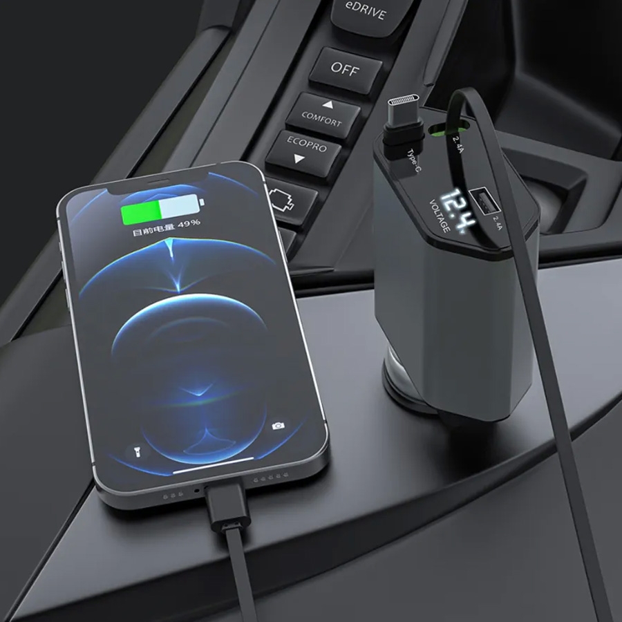 Tẩu Sạc Nhanh C1 Dây Rút Tự Động 4 in 1 USB Type-C Và Lightning Đa Năng Vỏ Hợp Kim Cao Cấp - Nhập Khẩu Chính Hãng