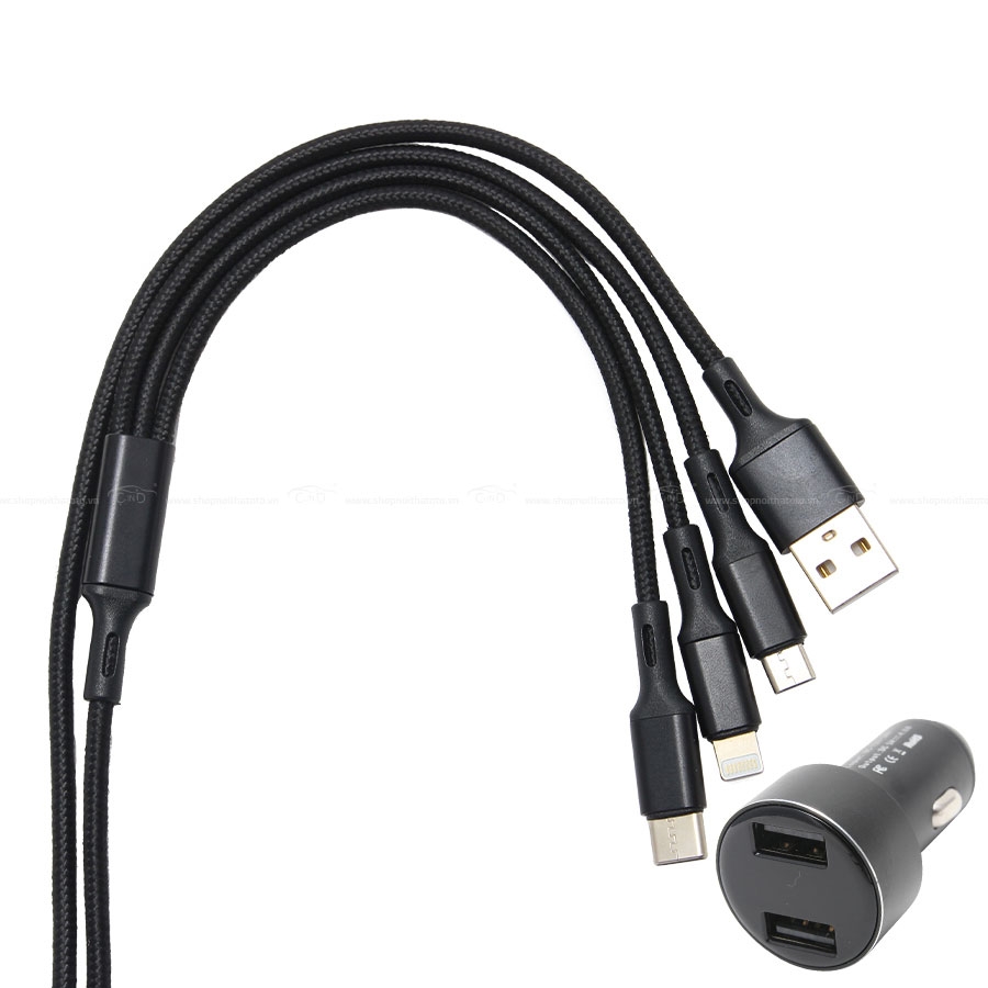 Bộ Sạc Điện Thoại 2 Cổng USB Và Cáp Sạc 3 Đầu Lightning/Micro USB/Type C CIND C74 Màu Đen - Nhập Khẩu Chính Hãng