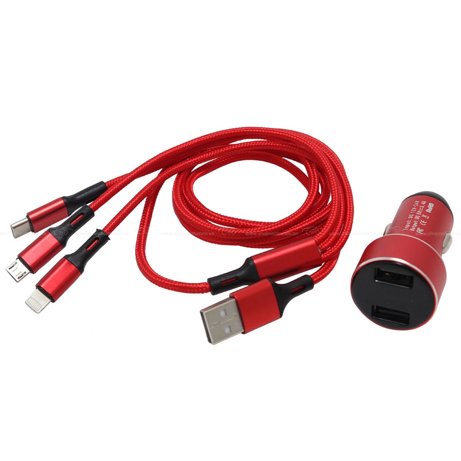 Bộ Sạc Điện Thoại 2 Cổng USB Và Cáp Sạc 3 Đầu Lightning/Micro USB/Type C CIND C74 Màu Đỏ - Nhập Khẩu Chính Hãng